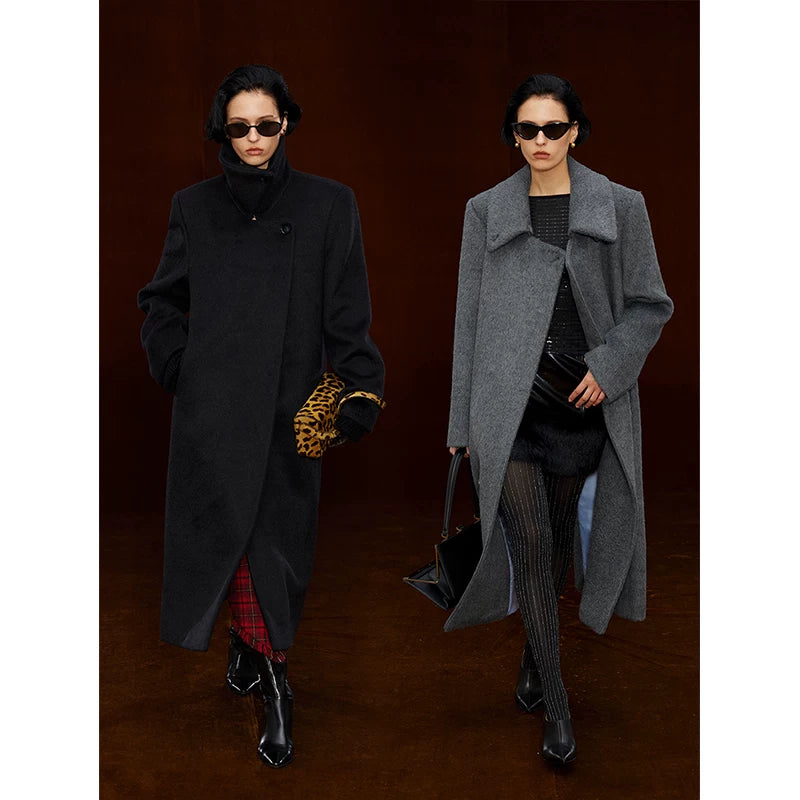 Wcoumq | Retro High Stand-Up Collar Lapel Shoulder H-Shaped Wool Coat for Women – Timeless Tailored Outerwear