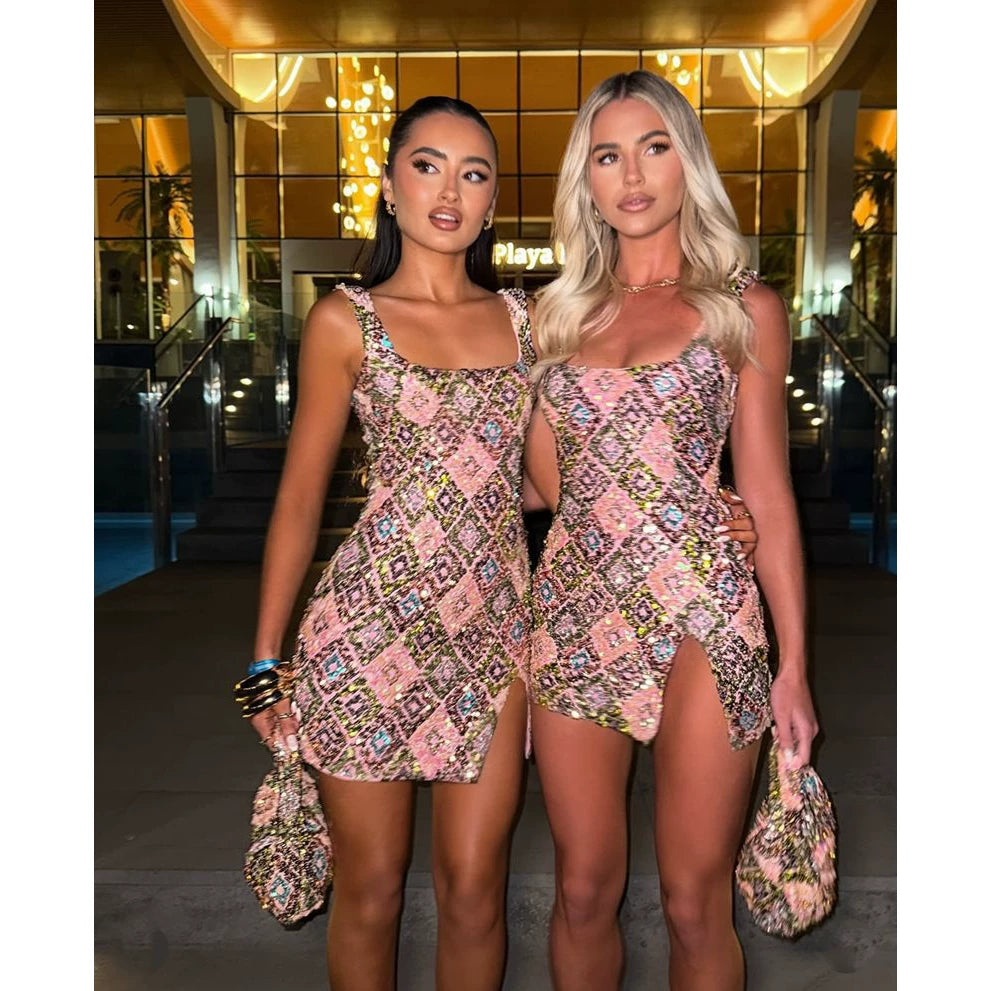 Wcoumq | Colorful Floral Rhombus Sequin Dress with Side Slit and Hip-Covering Design