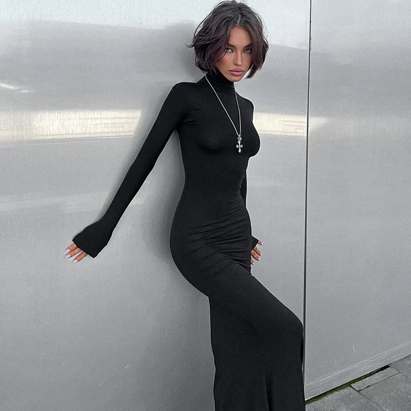 Wcoumq | Solid Color Half Turtleneck Long-Sleeve Slim Dress for Autumn and Winter