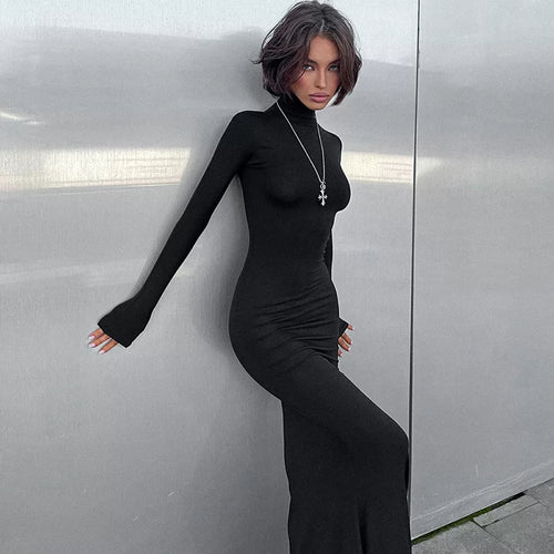 Wcoumq | Solid Color Half Turtleneck Long-Sleeve Slim Dress for Autumn and Winter