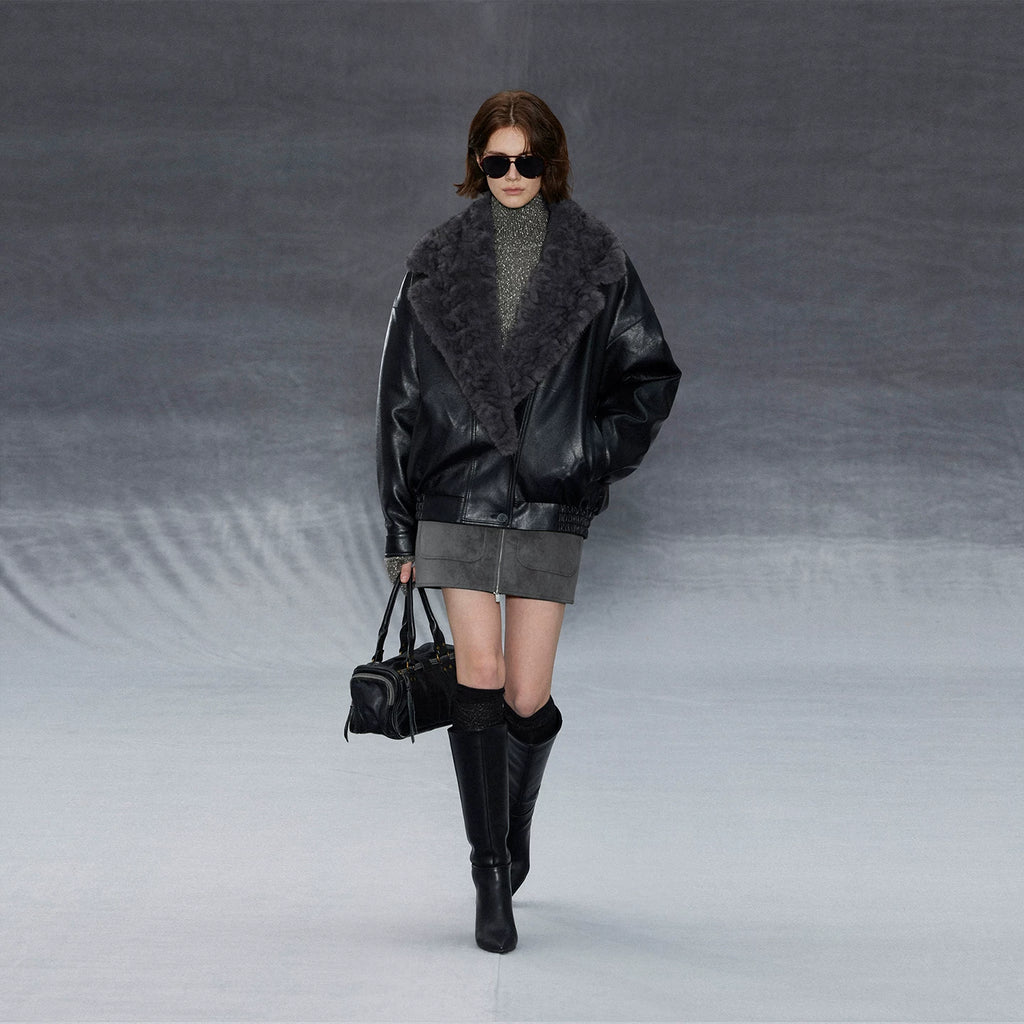 Wcoumq | Retro PU Leather Quilted Cotton Jacket with Embossed Fur Collar – Loose-Fitting Black Women's Outerwear