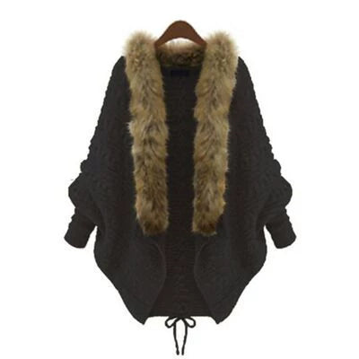 Wcoumq | Plus Size Women’s Knitted Cardigan Cape Shawl with Bat Sleeves & Fur Collar – European & American Style Daily Special Offer