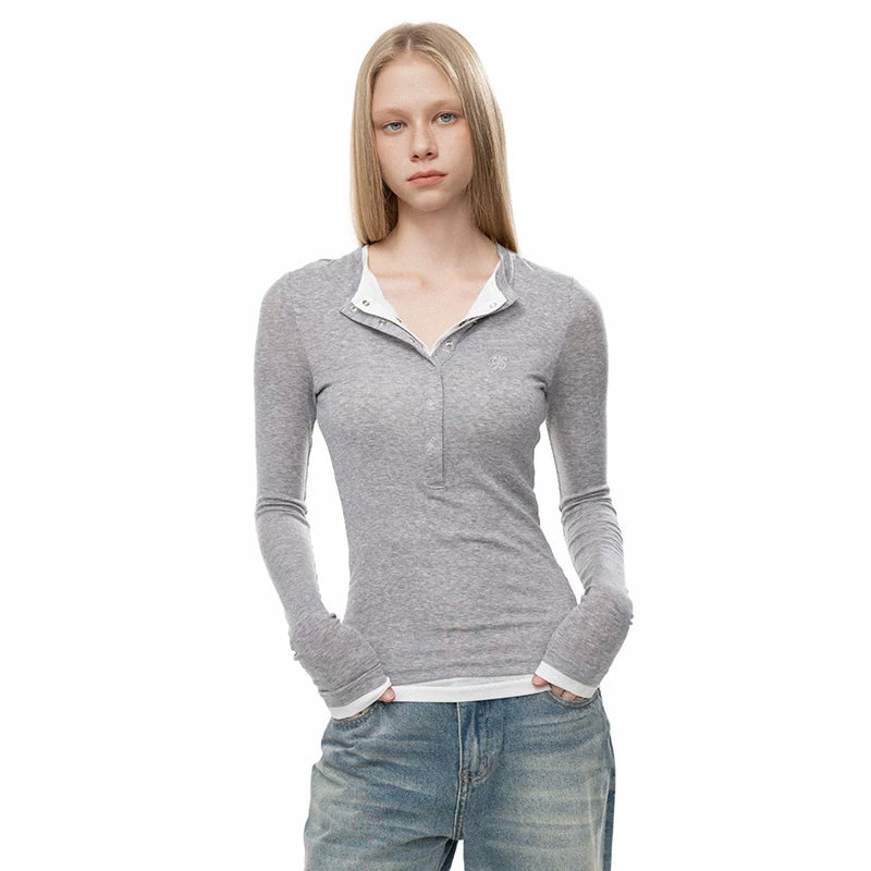 Wcoumq | Faux Two-Piece Embroidered Long Sleeve Henley Top for Autumn and Winter