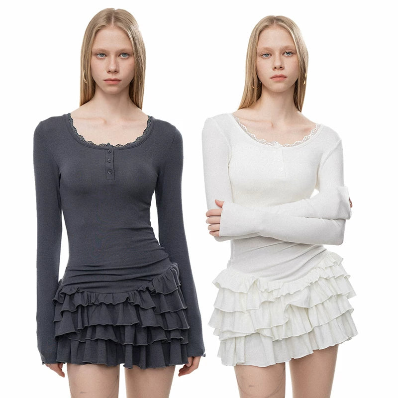 Wcoumq | Faux Two-Piece Ruffled Long Sleeve Slim-Fit Mini Dress