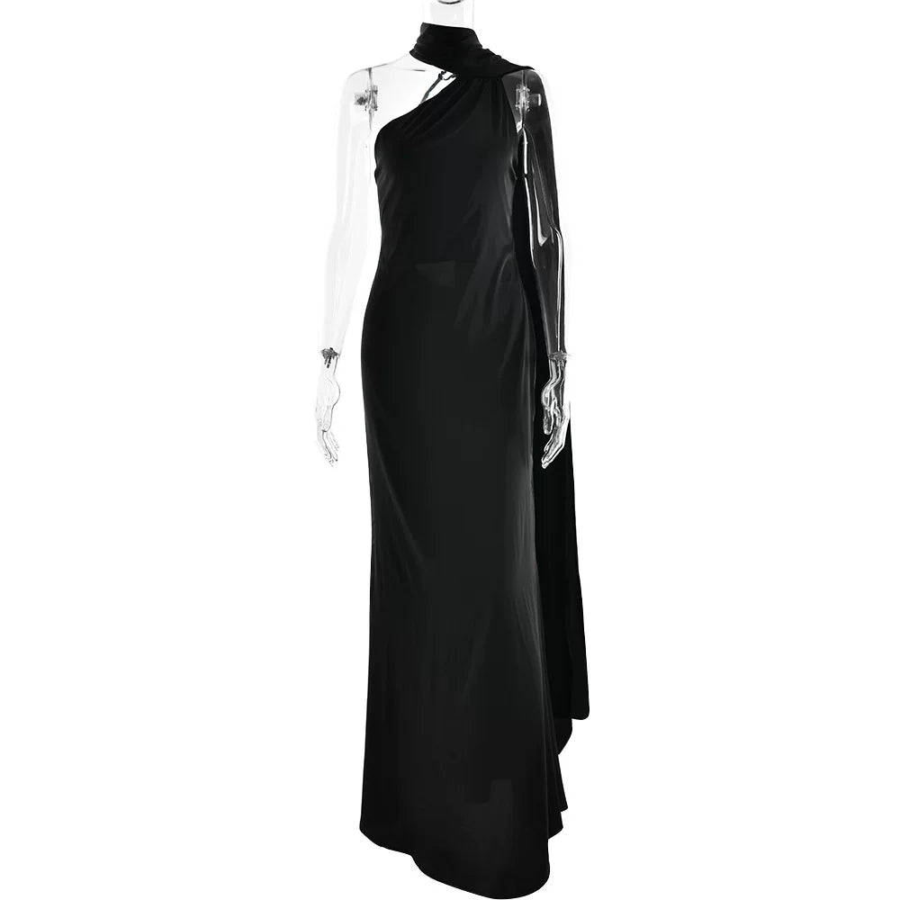 Wcoumq | Elegant Satin Floor-Length Dress with Neck Streamers and Backless Design