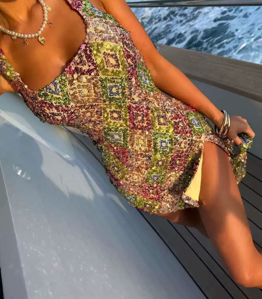 Wcoumq | Colorful Floral Rhombus Sequin Dress with Side Slit and Hip-Covering Design