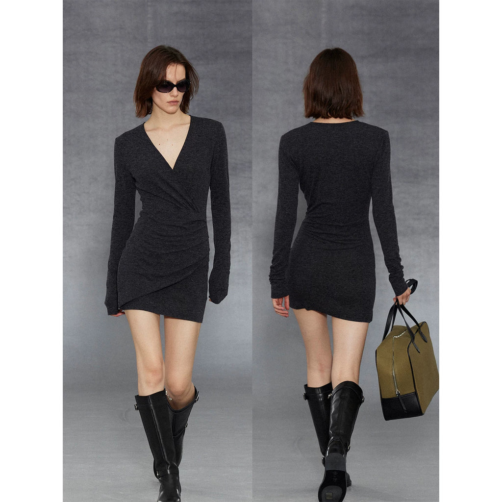 Wcoumq | V-Neck Pleated Piled Velvet Hip-Hugging Knitted Skirt – Elegant Women’s Fitted Skirt for Formal & Casual Wear