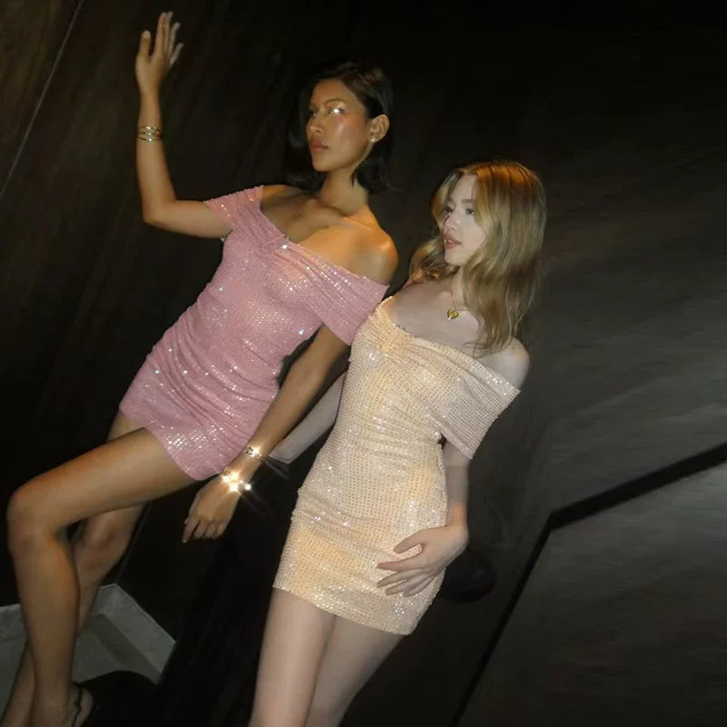 Wcoumq | One-Shoulder Backless Mini Dress with Lapel and Sparkling Design