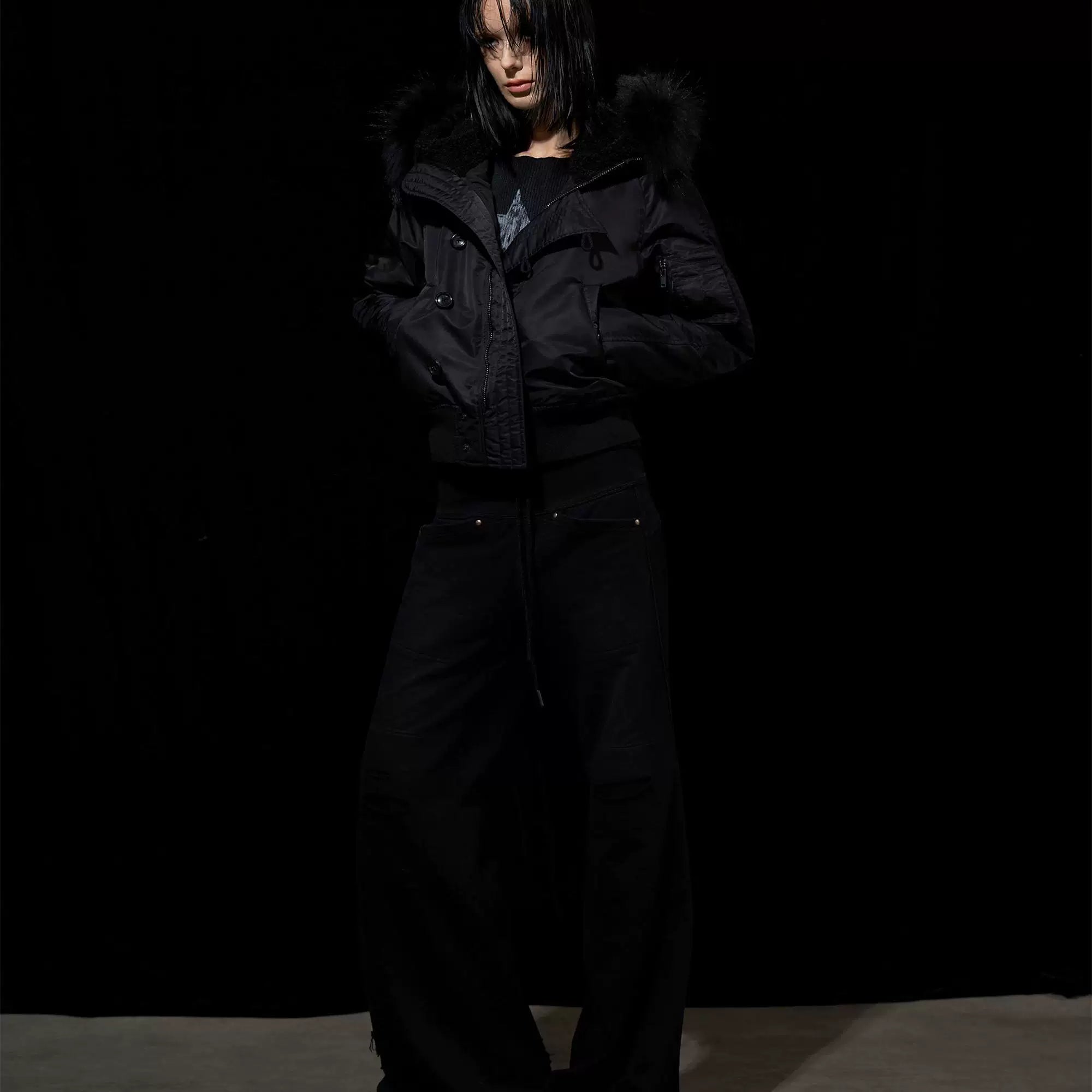 Wcoumq | Slim Fit Hooded Black Flight Jacket with Raccoon Fur – Women’s N2B Cotton Bomber for Fall & Winter