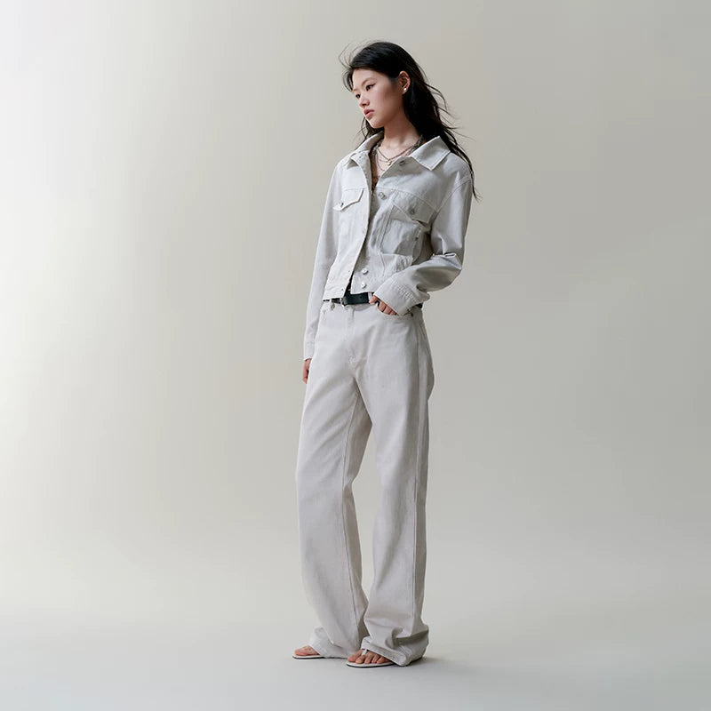 Wcoumq | Pure Cotton White, Gray & Black Denim Jacket and Straight-Leg Pants Suit – Stylish Women’s Casual Denim Set