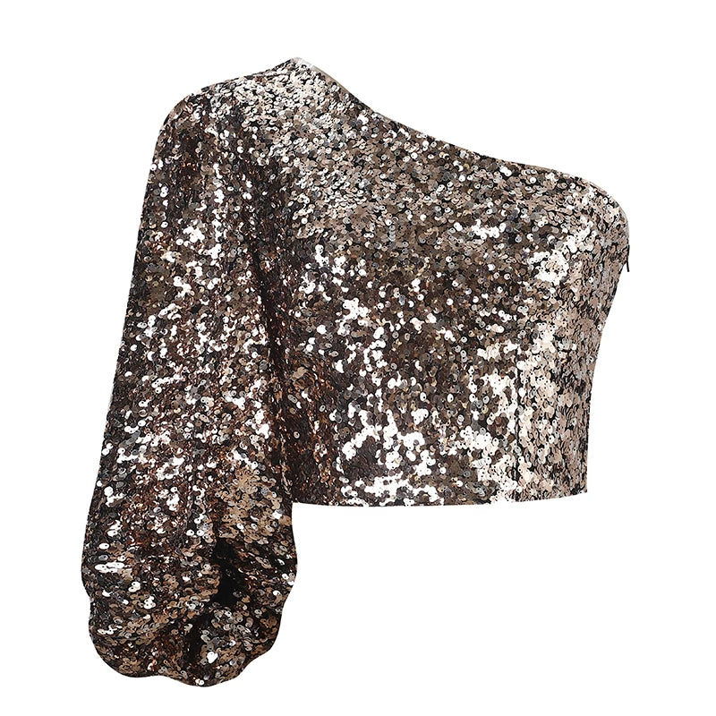 Wcoumq | Asymmetrical One-Shoulder Sequin Backless Party Top