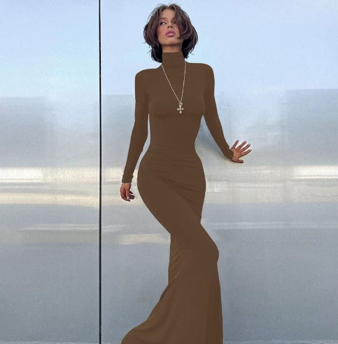 Wcoumq | Solid Color Half Turtleneck Long-Sleeve Slim Dress for Autumn and Winter