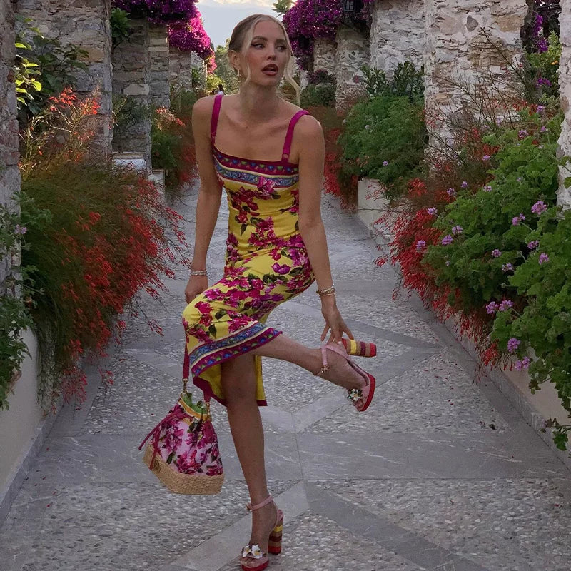 Wcoumq | Printed Suspender Dress with Open Back and Figure-Hugging Slit Long Skirt