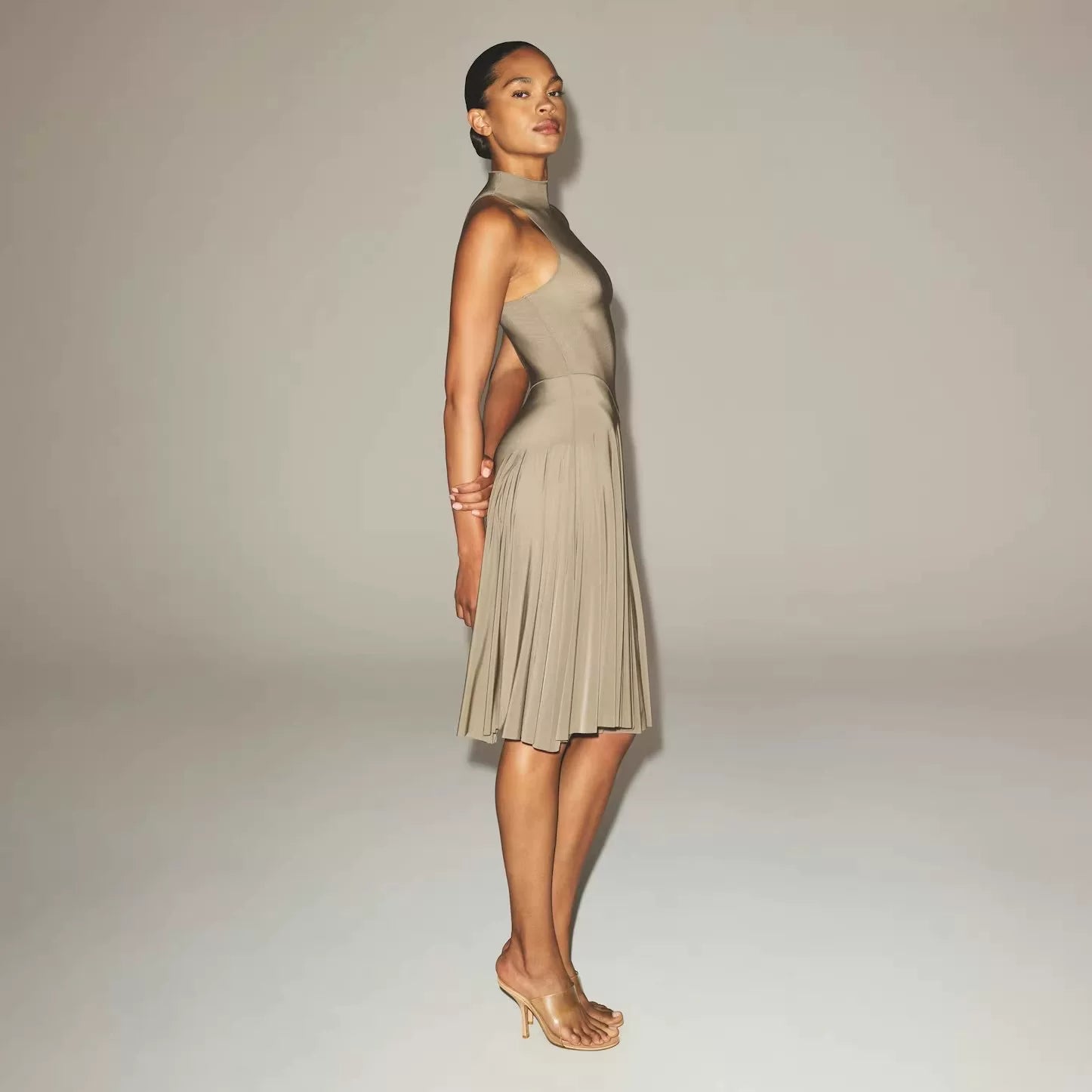 Wcoumq | Sheer High Neck Sleeveless Midi Dress with Pleated Design