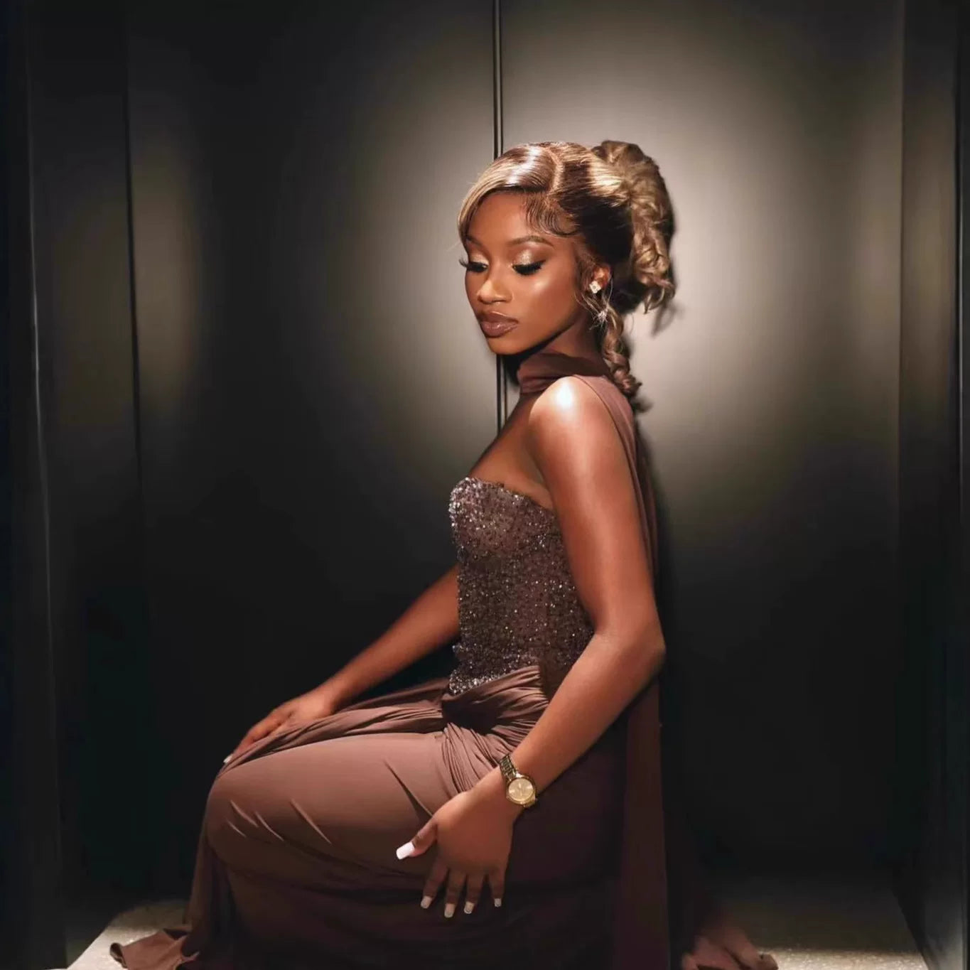 Wcoumq | Herringbone Diamond Tube Top Dress with Twisted Strap and Fishtail Skirt