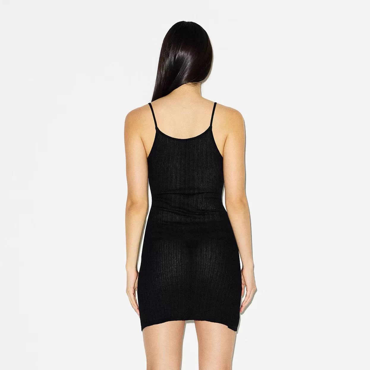 Wcoumq | Sheer Knit Low-Neck Suspender Dress with Slim-Fit Design