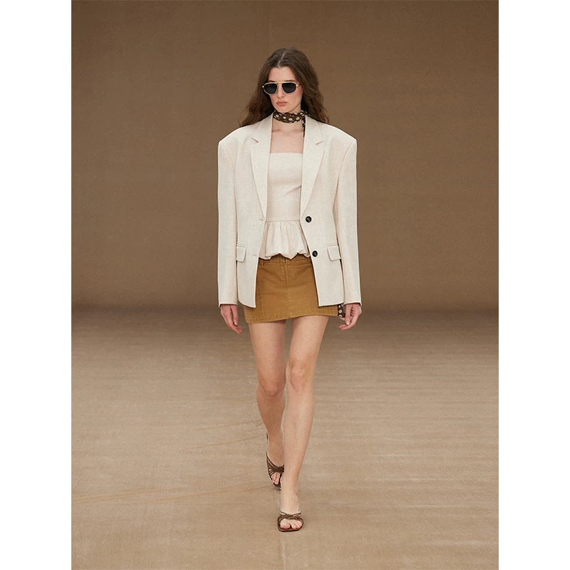 Wcoumq | Retro Lapel Collar Single-Breasted Wide-Shoulder Waisted Suit for Women – Classic Tailored Outerwear