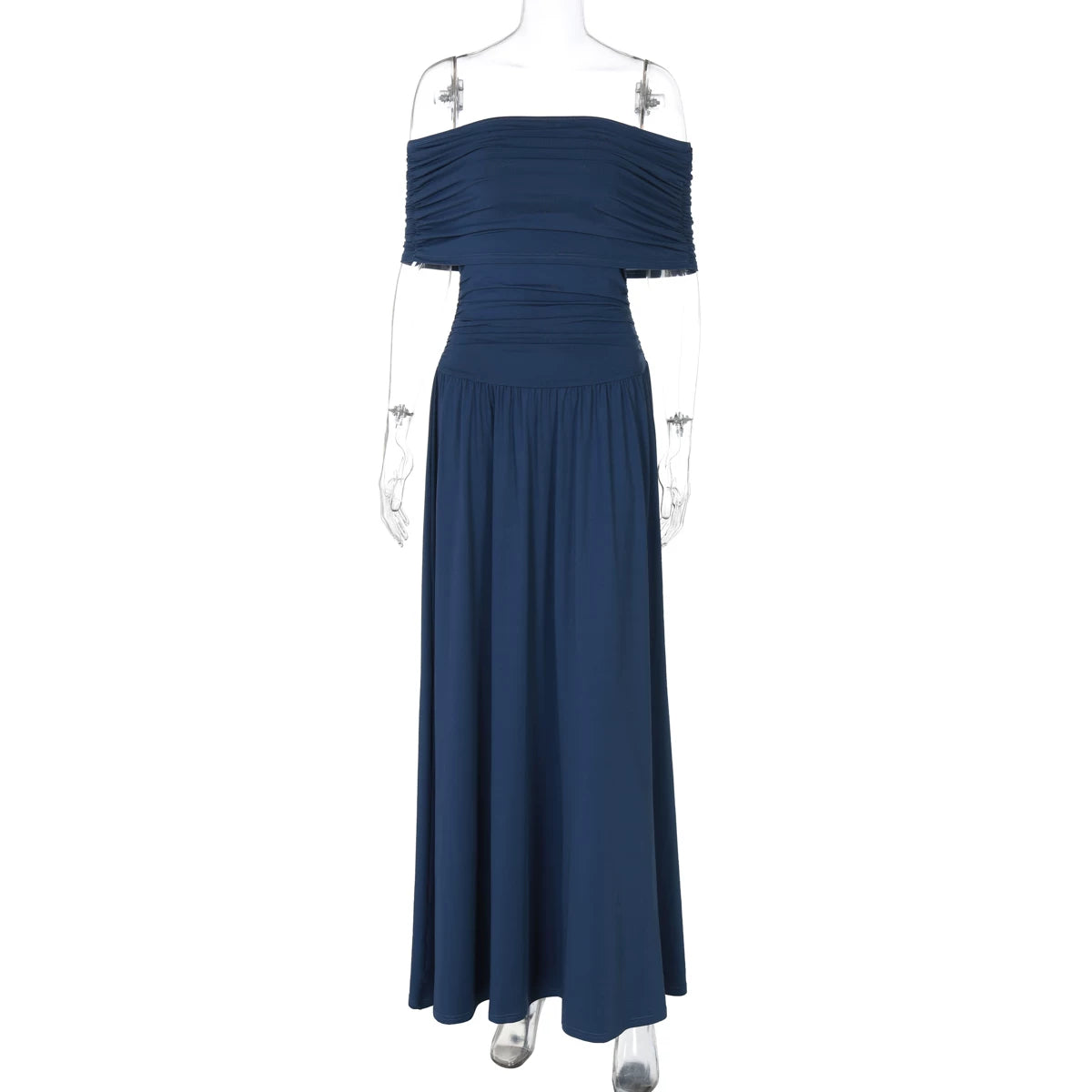 Wcoumq | Off-Shoulder One-Line Collar Pleated High-Waist Long Dress with Slim Fit