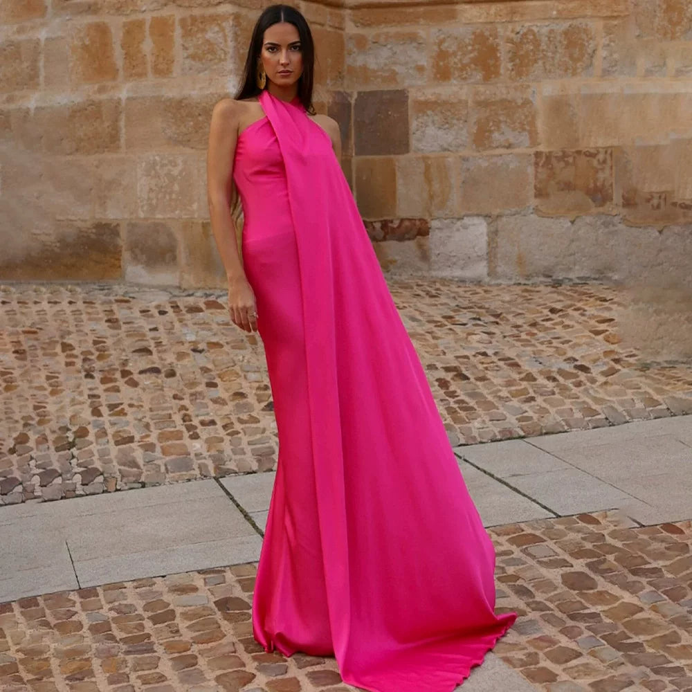 Wcoumq | Elegant Satin Floor-Length Dress with Neck Streamers and Backless Design
