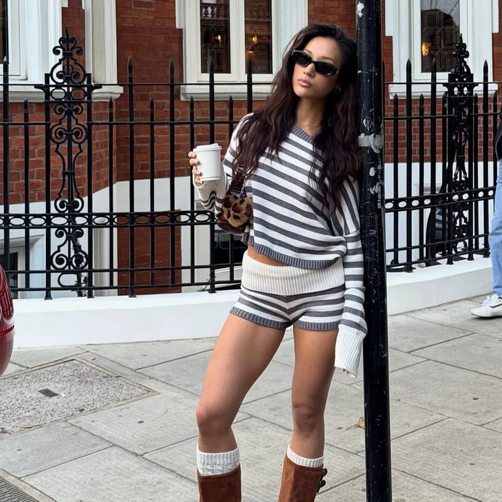 Wcoumq | Striped One-Shoulder Sweater & Cuffed Shorts Set for Women – American Street Style Lazy Hot Girl Fashion