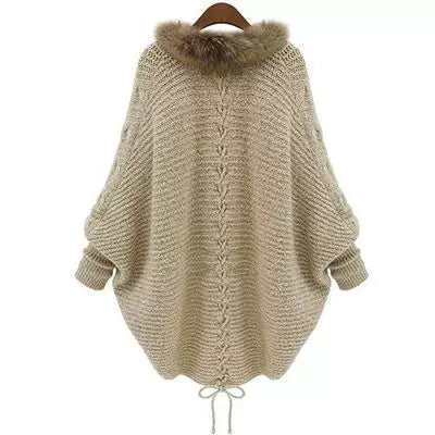 Wcoumq | Plus Size Women’s Knitted Cardigan Cape Shawl with Bat Sleeves & Fur Collar – European & American Style Daily Special Offer