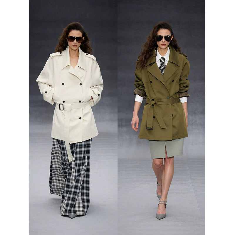 Wcoumq | Double-Breasted Lapel Epaulette Windbreaker for Women – Early Spring Silhouette Outerwear