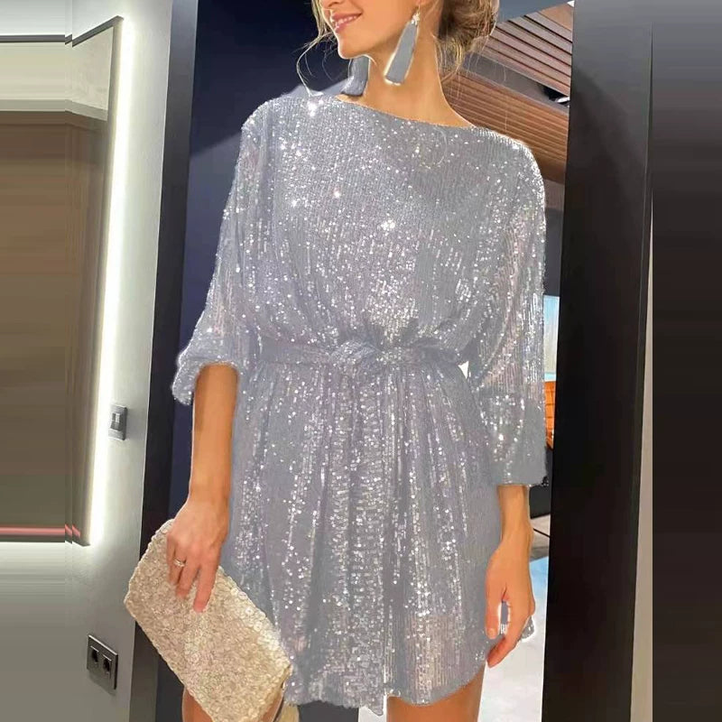 Wcoumq | Sequin Party Dress with Lace-Up Waist and Slimming Belly Coverage