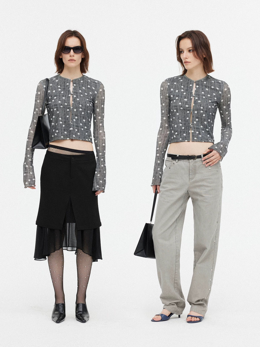 Wcoumq | Retro Printed Polka Dot Long-Sleeve Top & Knitted Short Cardigan Set – Stylish Women’s Outerwear