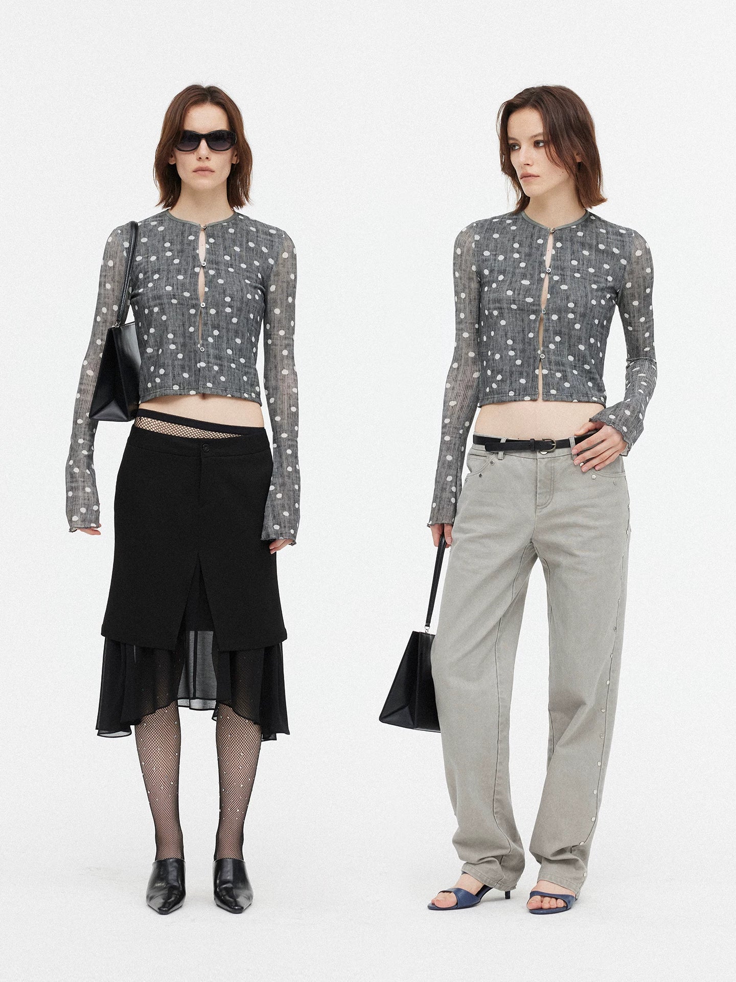 Wcoumq | Retro Printed Polka Dot Long-Sleeve Top & Knitted Short Cardigan Set – Stylish Women’s Outerwear