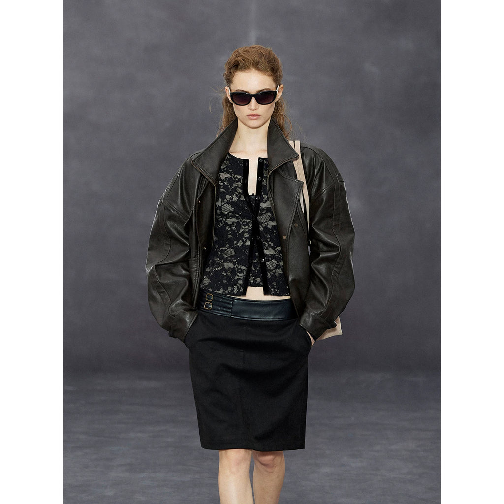 Wcoumq | Retro Waistband Suede Black Straight Stitched Leather Fishtail Skirt – Autumn & Winter A-Line Skirt for Women