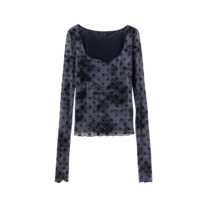 Wcoumq | Sweetheart Neck Jacquard Mesh Polka Dot Lace Plaid Long-Sleeve Round Neck Top for Women