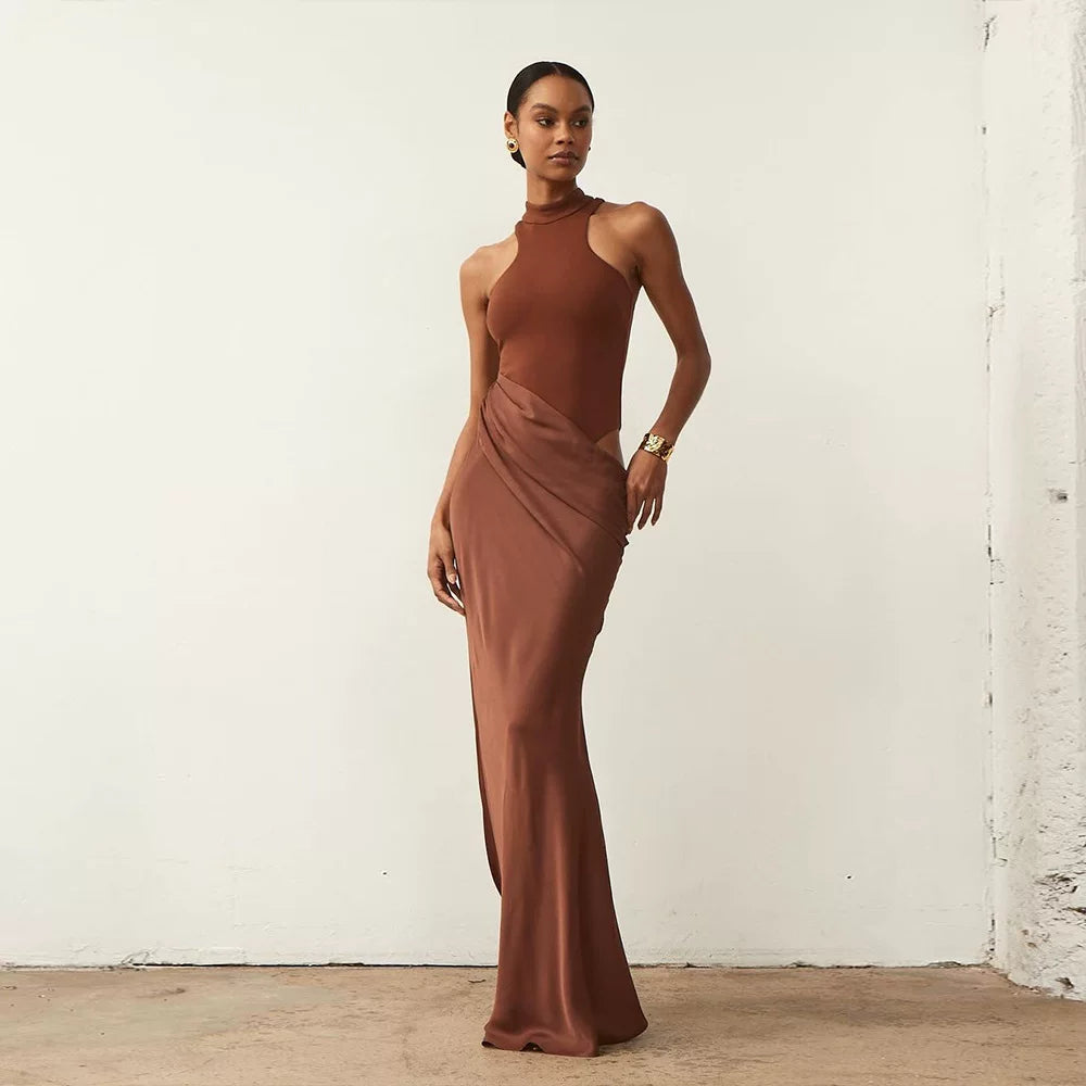 Wcoumq | Sleeveless Round Neck Long Dress with Hollow Splicing and Slim Fit