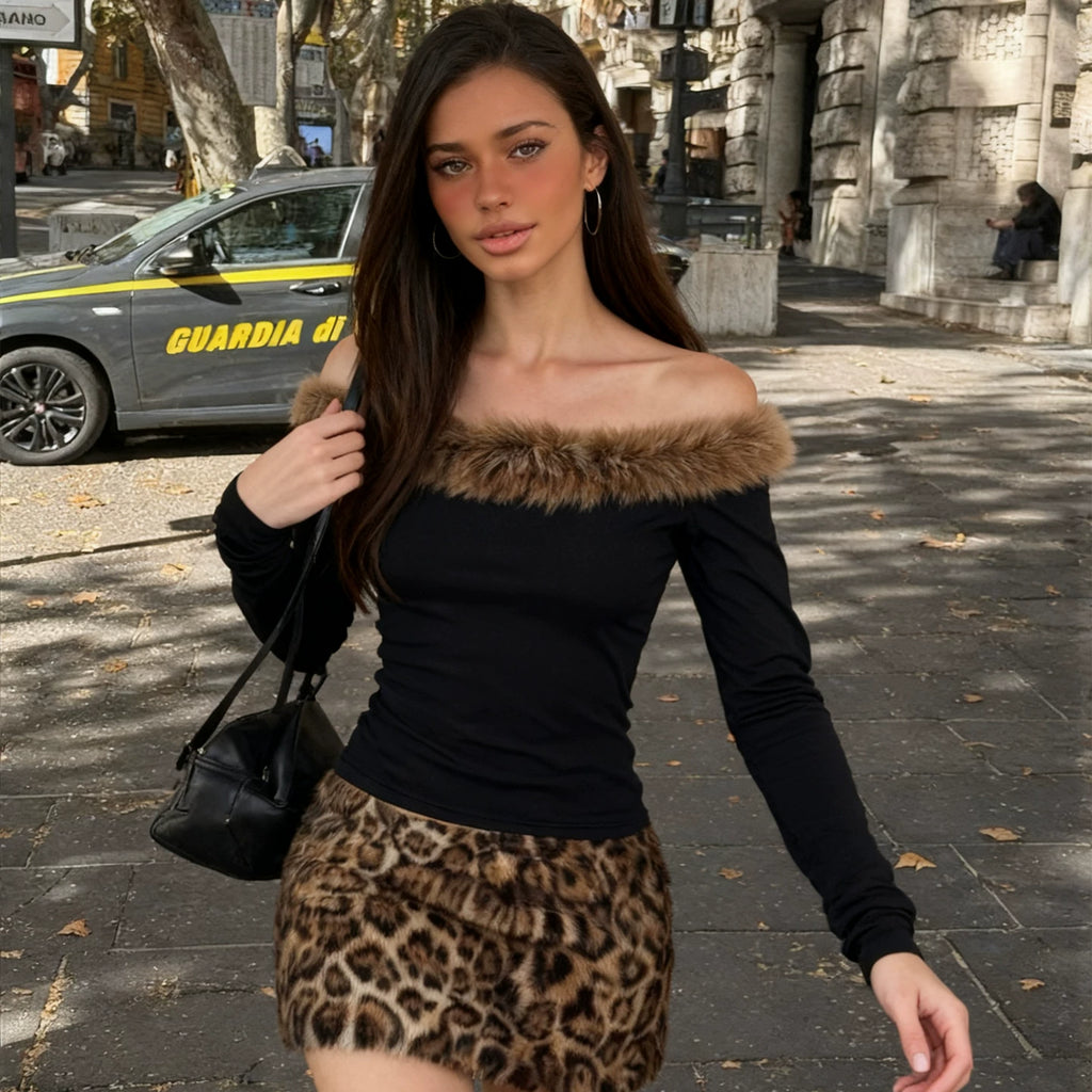 Wcoumq | Sexy One-Shoulder Fur Collar Long-Sleeve Top & Eco-Friendly Leopard Print Skirt Set – Autumn & Winter European Hot Girl Style