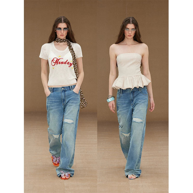 Wcoumq | Retro Star Patch Ripped Straight Jeans – Stylish Women’s Casual Distressed Jeans