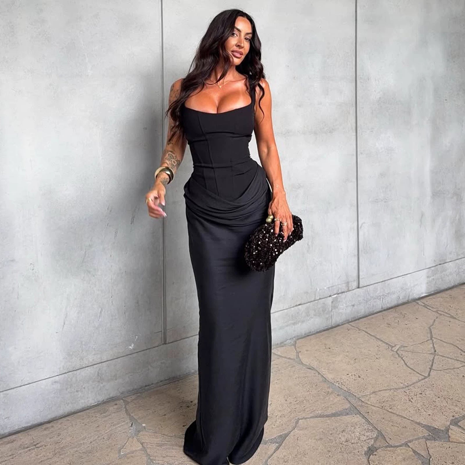 Wcoumq | Square Neck Suspender Maxi Dress with Back Strap and Slim Fit for Autumn & Winter