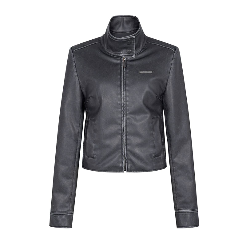 Wcoumq | Retro Washed Leather Motorcycle Jacket – Women’s Slim Fit Short Coat with Shoulder Pads for Fall & Winter