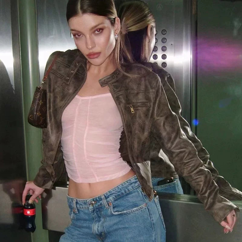 Wcoumq | American Retro Distressed Brown Short PU Leather Jacket for Women – Versatile Hot Girl Spring Stand Collar Style