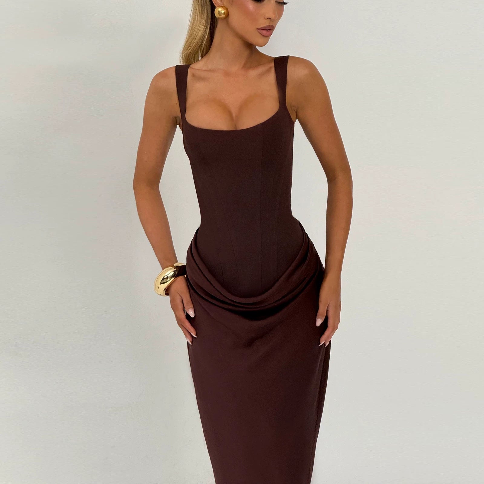 Wcoumq | Square Neck Suspender Maxi Dress with Back Strap and Slim Fit for Autumn & Winter