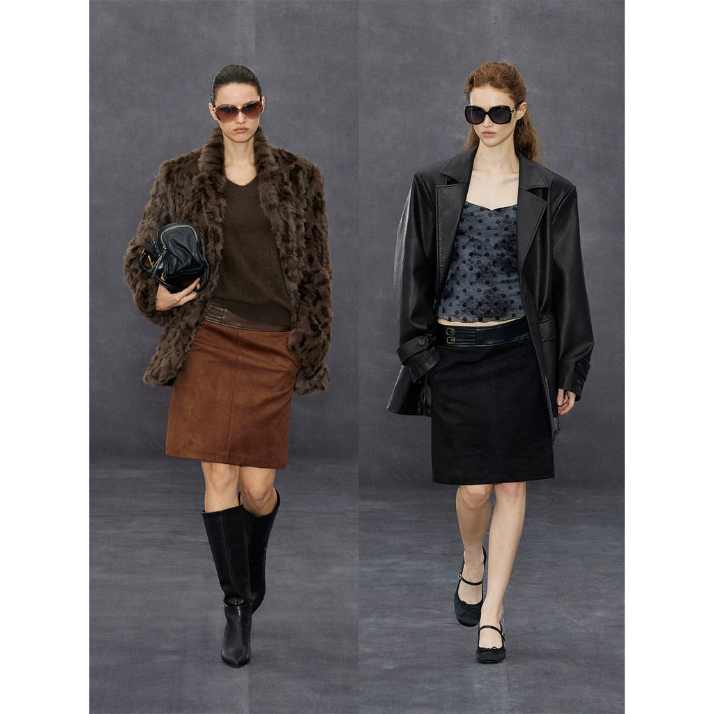 Wcoumq | Retro Waistband Suede Black Straight Stitched Leather Fishtail Skirt – Autumn & Winter A-Line Skirt for Women