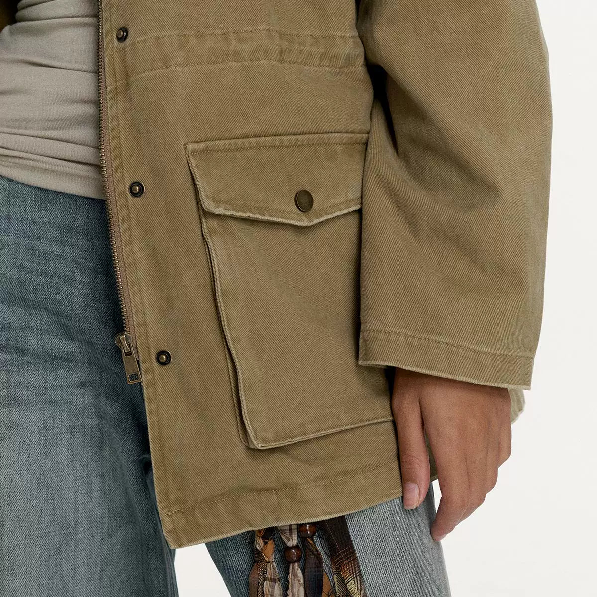 Wcoumq | Khaki Washed Work Jacket – Women’s Loose Fit Stand-Up Collar Short Windbreaker for Autumn 2024