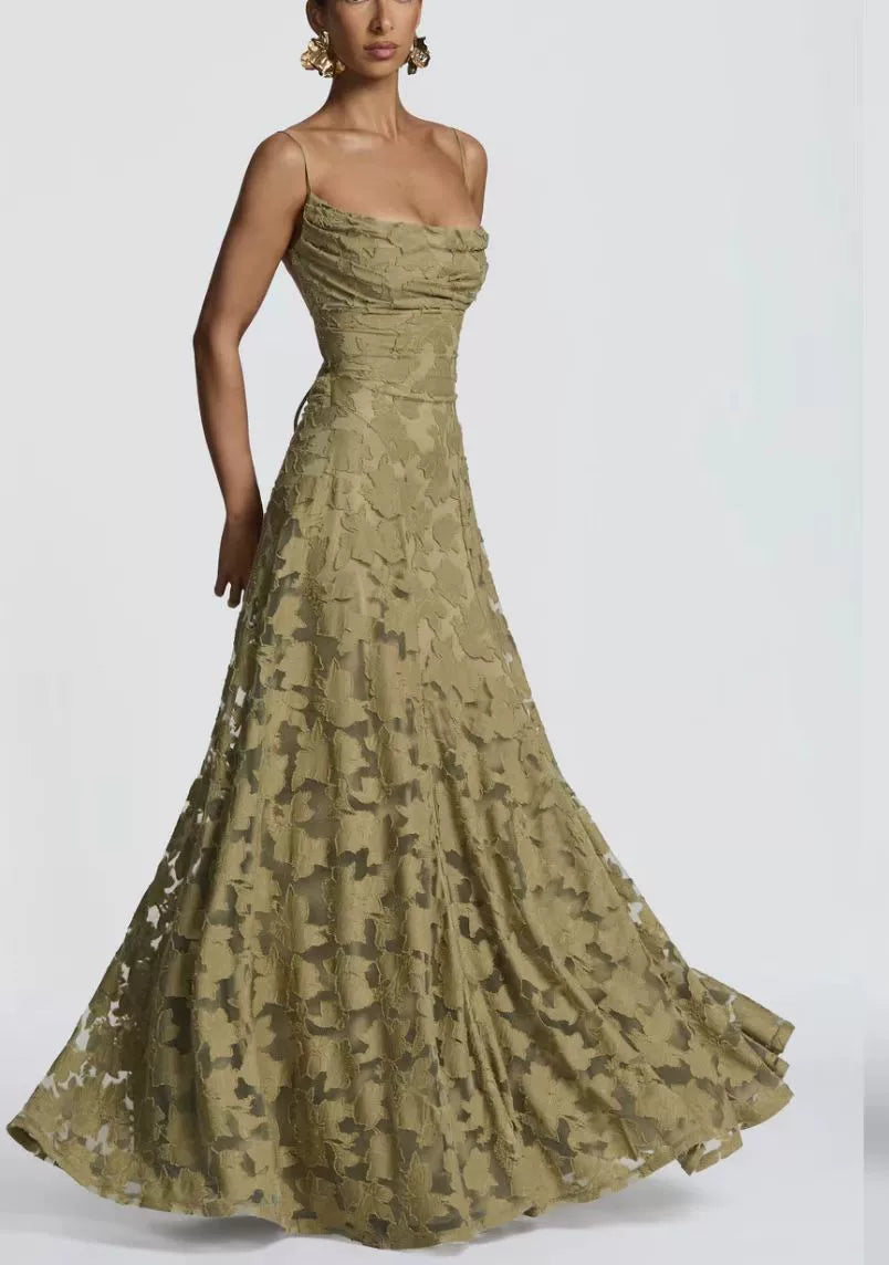 Wcoumq | Jacquard Floor-Length Square Neck Dress with Backless Straps and Slim Waist Design