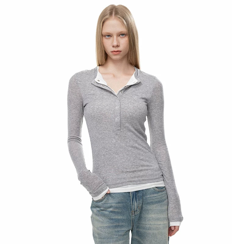 Wcoumq | Faux Two-Piece Embroidered Long Sleeve Henley Top for Autumn and Winter