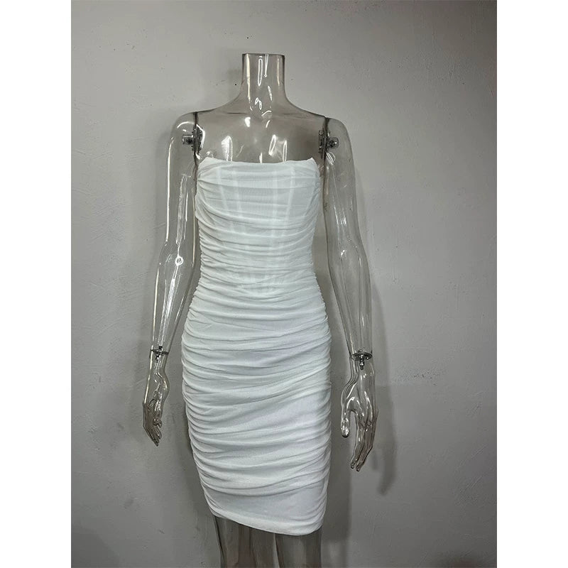 Wcoumq | Tube Top Mesh Dress with Fishbone Waist and Pleated Mid-Length Skirt