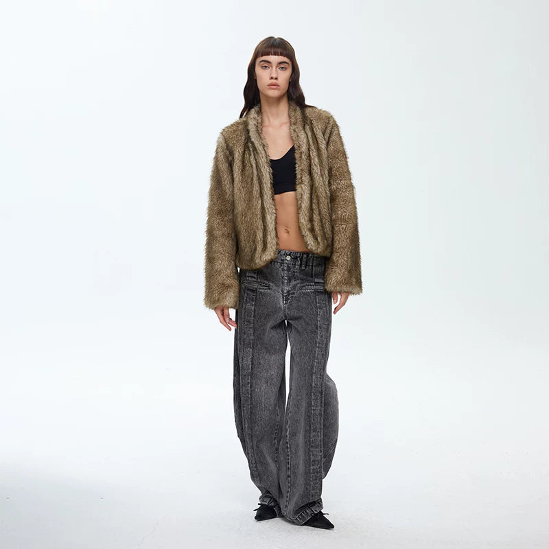 Wcoumq | Short Fur Jacket with Stand Collar – Textured Women’s Autumn & Winter One-Piece Outerwear