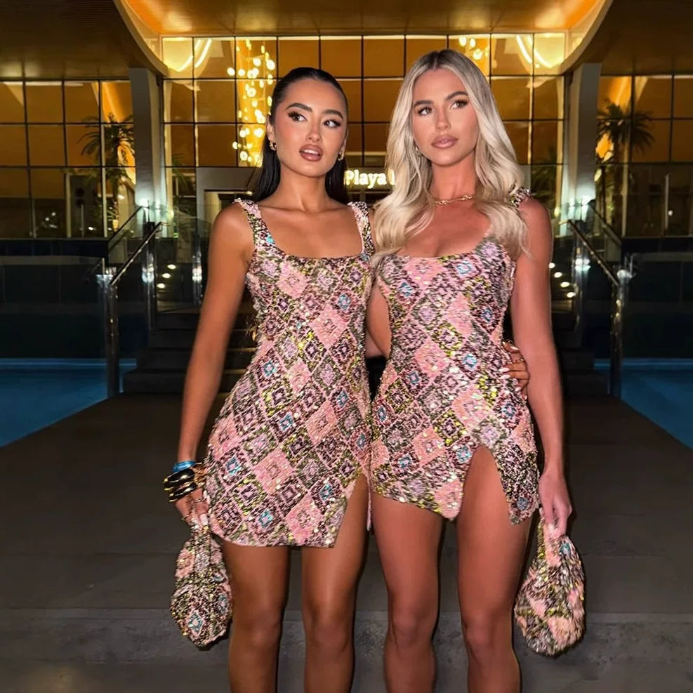 Wcoumq | Colorful Floral Rhombus Sequin Dress with Side Slit and Hip-Covering Design