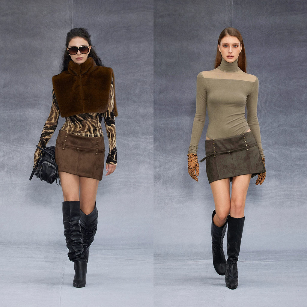 Wcoumq | Retro Rivet Low-Waist Suede Skirt – Stylish Women’s Vintage-Inspired Suede Skirt