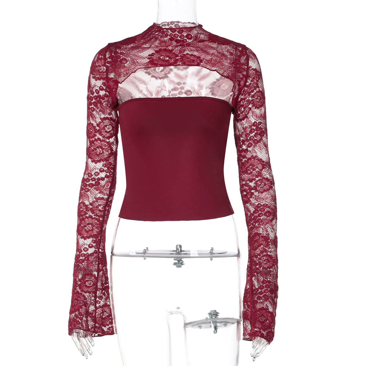 Wcoumq | Sexy Lace Stitching Hollow Long-Sleeve T-Shirt for Women – Slim Fit European and American Style Niche Short Top