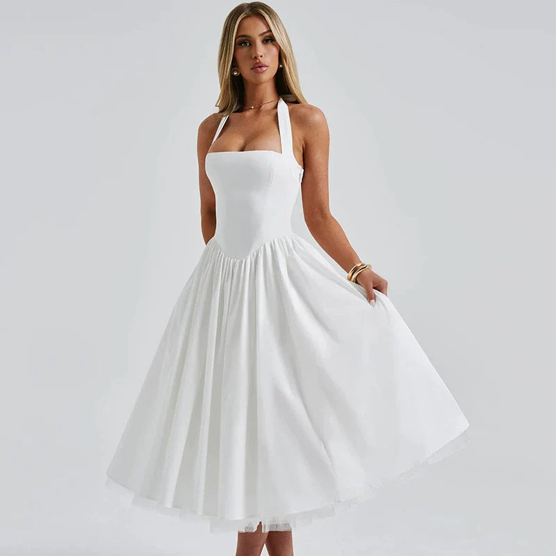 Wcoumq | White Mesh Halter Dress with Slim Waist for Resort and Mid-Length Elegance