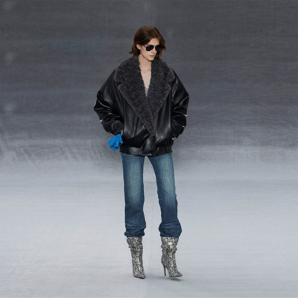 Wcoumq | Retro PU Leather Quilted Cotton Jacket with Embossed Fur Collar – Loose-Fitting Black Women's Outerwear