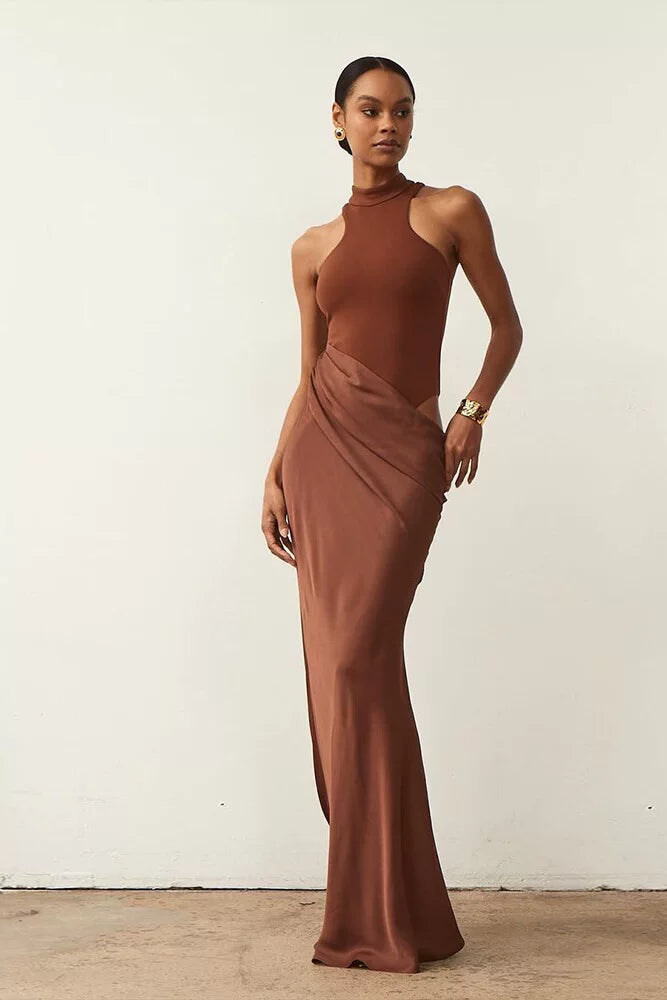 Wcoumq | Sleeveless Round Neck Long Dress with Hollow Splicing and Slim Fit